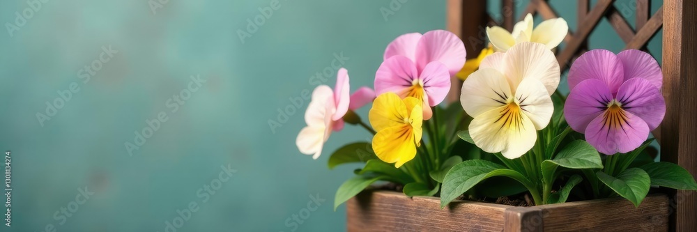 Fototapeta premium Pastel-hued pansies spilling from a wooden planter, pastels, trellis