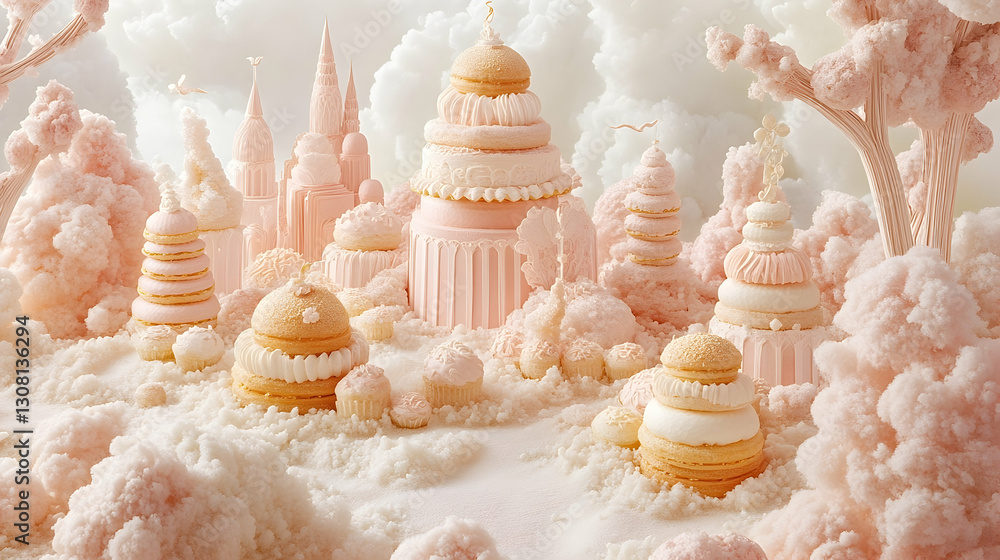 Fototapeta premium Pastel pink fantasy city, sweet treats, clouds