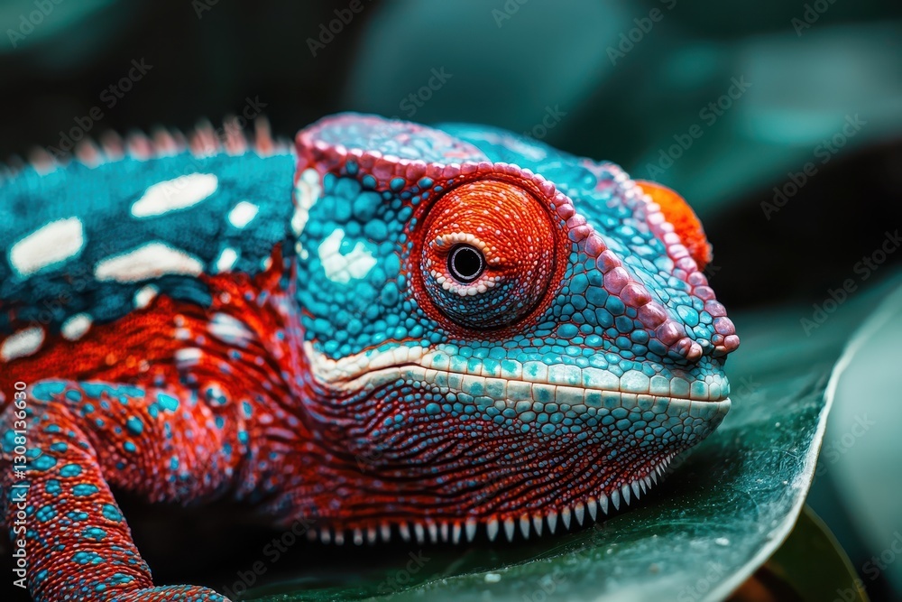 Obraz premium Vibrant Chameleon Resting on Leaf in Tropical Environment