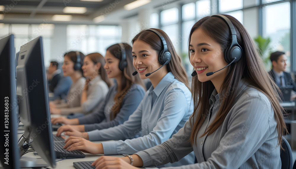Customer service call center team working on computers with headsets for support and assistance Customer service call center team working on computers with headsets for support and assistance