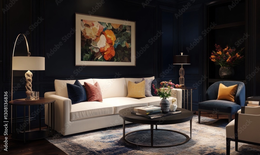 Fototapeta premium Elegant living room with dark blue walls, cream sofa, and patterned rug.