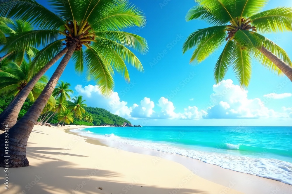 Colorful tropical beach scene with palm trees, waves, and clear blue sky, sunshine, paradise, vacation Colorful tropical beach scene with palm trees, waves, and clear blue sky, sunshine, paradise, vacation