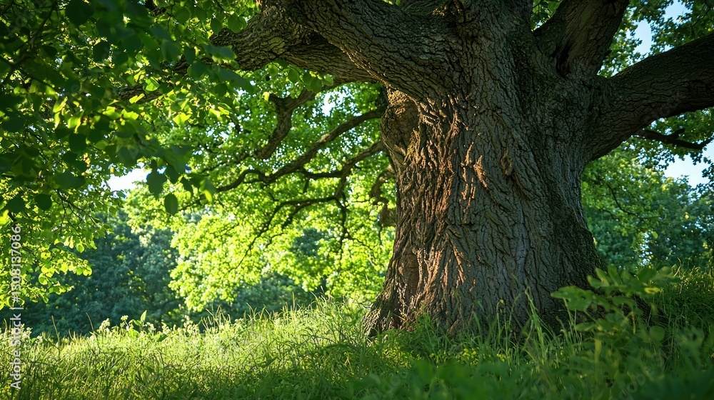 Fototapeta premium an oak tree trunk, showcasing its textured bark.