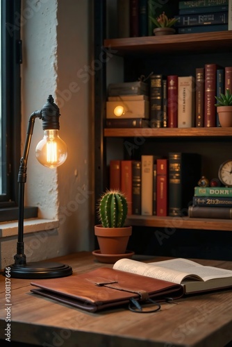 Wallpaper Mural Cozy corner in a hipster office at home featuring industrial bookshelf, Edison bulb lamp, cactus plant, and leather notebook , office, notebook, plant Torontodigital.ca