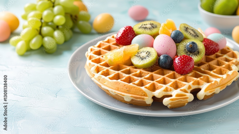 Beautiful presentation of a wa with fresh fruit and a cup of coffee on a rustic table for a cozy breakfast experience Beautiful presentation of a wa with fresh fruit and a cup of coffee on a rustic table for a cozy breakfast experience