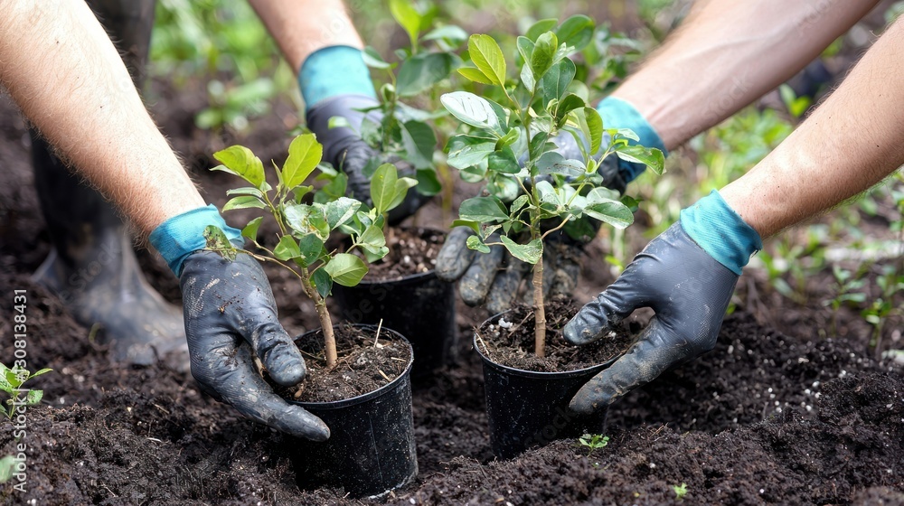 Naklejka premium hands holding a tree sapling ready to be planted.