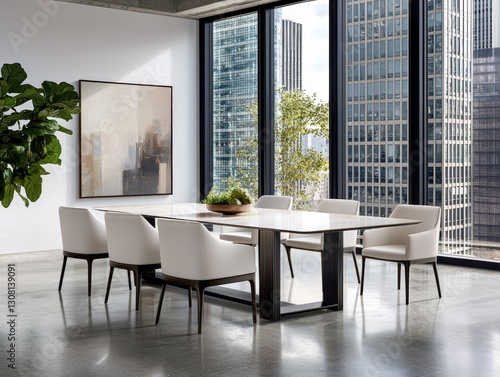 Beautiful dining room with a scenic view of the city offering a perfect setting for meals and gatherings