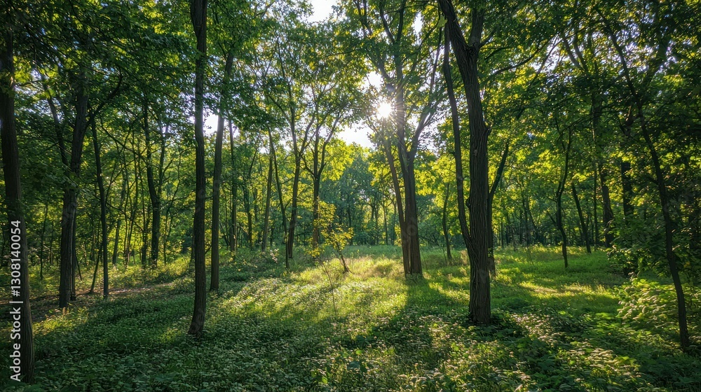 A serene view of a dense forest with sunlight filtering through the canopy. A serene view of a dense forest with sunlight filtering through the canopy.