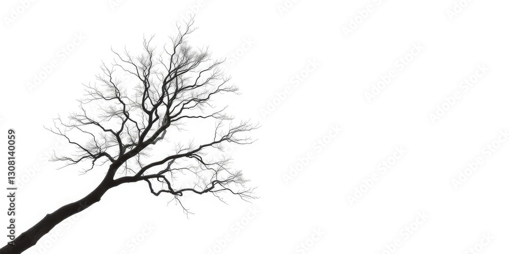 Fototapeta premium A solitary tree, branches reaching skyward, against a pure white backdrop, graphic, detail