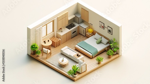 Cozy studio apartment isometric illustration, minimalist interior design, plants, natural light, rental listing