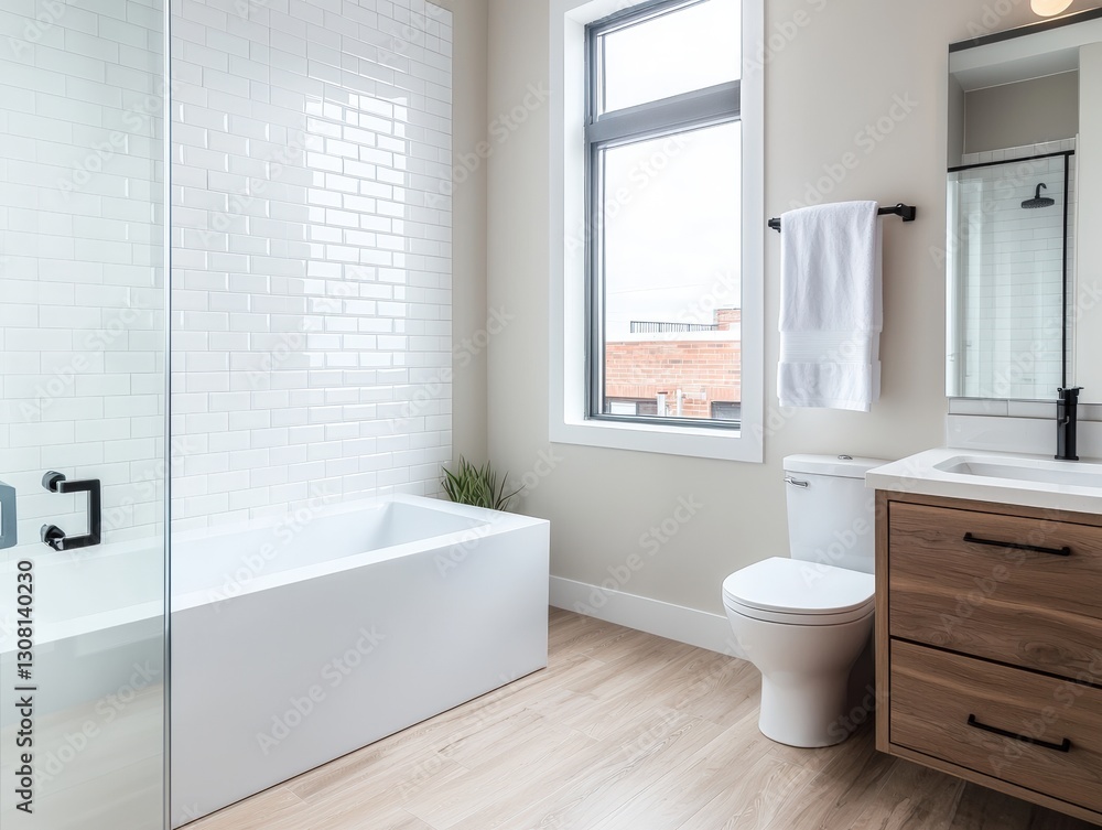 Obraz premium Functional bathroom featuring essential toilet and sink for daily hygiene and comfort in a practical living space