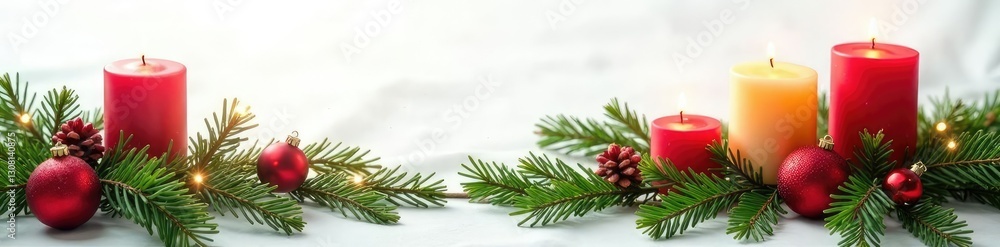 Candles and evergreen isolated on white napkin, napkin, Christmas Candles and evergreen isolated on white napkin, napkin, Christmas