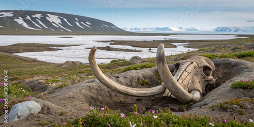 Ancient mammoth skull emerging from melting permafrost in serene landscape photo