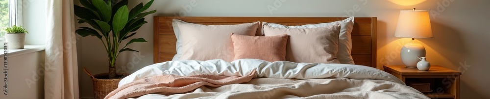 Cozy bedroom with wooden bed frame and fluffy pillows , decor, relaxation, sleep Cozy bedroom with wooden bed frame and fluffy pillows , decor, relaxation, sleep
