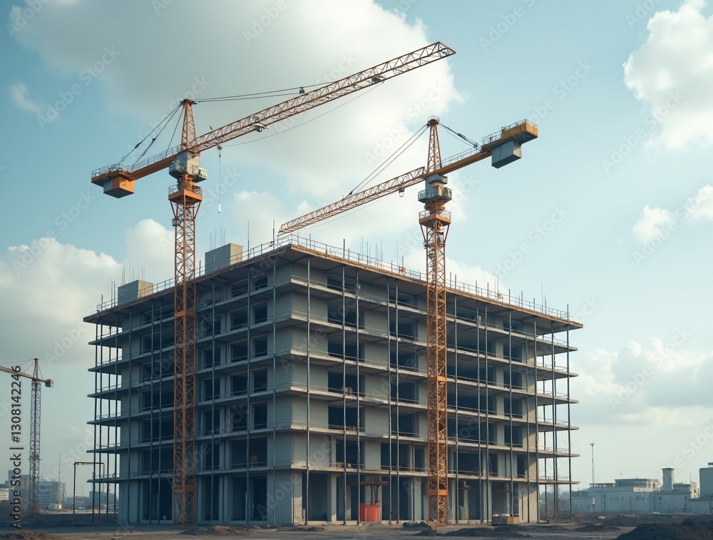 A partially constructed building is surrounded by cranes, showcasing active development under a bright blue sky with fluffy white clouds.
A partially constructed building is surrounded by cranes, showcasing active development under a bright blue sky with fluffy white clouds.