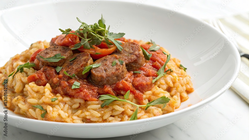 Macro Photography: Italian Sausage Risotto - Close-up Food Photography, Delicious Recipe, Creamy Rice Dish Macro Photography: Italian Sausage Risotto - Close-up Food Photography, Delicious Recipe, Creamy Rice Dish