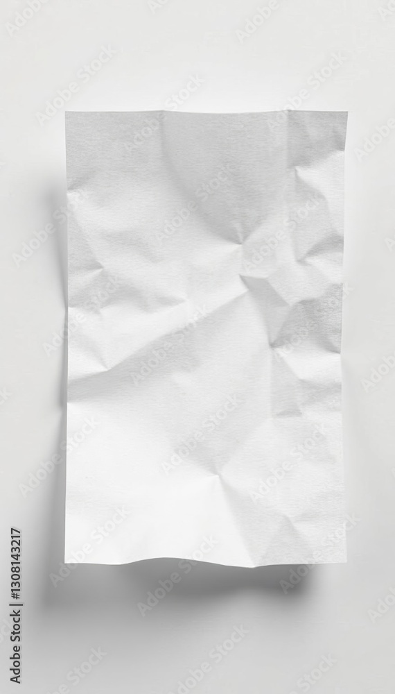 Obraz premium Crumpled white paper with sharp shadow on white background, torn, empty