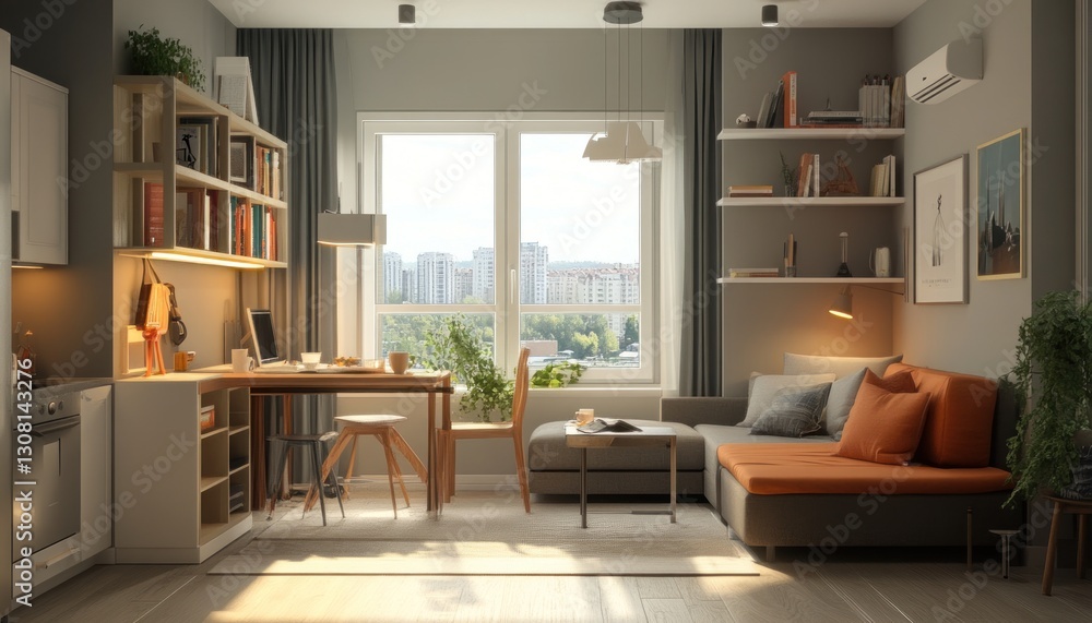 Fototapeta premium A cozy 400 sq ft studio with a sofa bed, desk, and kitchenette 1. Generative AI
