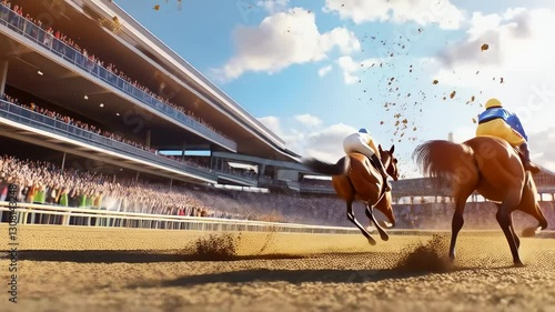 Excitement builds as jockeys race horses on a sunny day at a crowded horse racing track