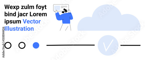 Man holding a document, large cloud, progress indicator, and text. Ideal for cloud computing, data management, online collaboration, business productivity, digital documentation workflow