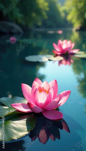 Petal-like shapes float on a serene floral lake, soothing hues, floral lakes