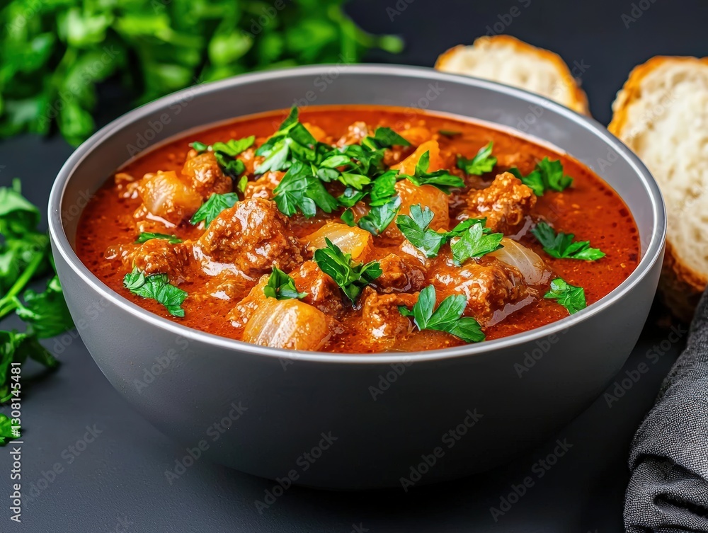 A warm bowl of beef and tomato soup served in a cozy setting with fresh ingredients for a comforting meal experience A warm bowl of beef and tomato soup served in a cozy setting with fresh ingredients for a comforting meal experience