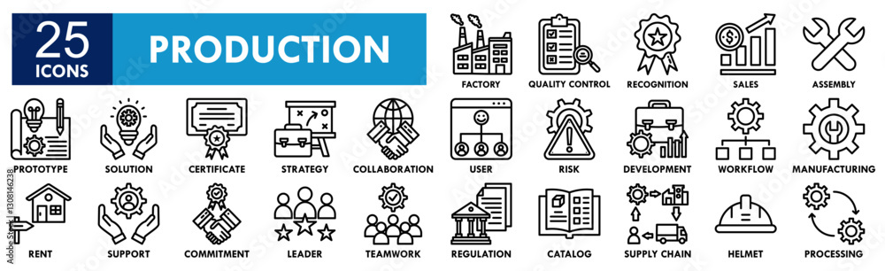 Production icon collection set. Containing design production, technology, industry, industrial Production icon collection set. Containing design production, technology, industry, industrial