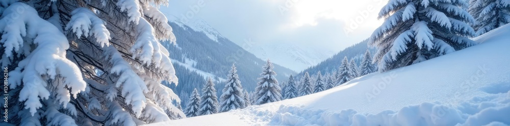 Fototapeta premium Snow-encrusted tree trunks on the mountain slope, frosty branches, snowy trees