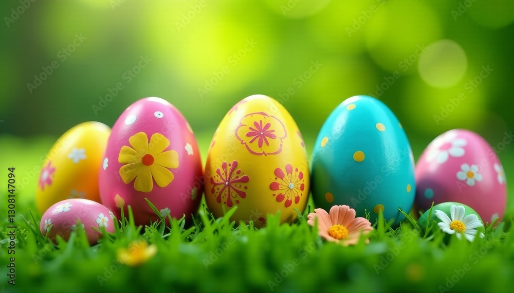 Vibrant Easter egg decorations on green grass background, pattern, nature Vibrant Easter egg decorations on green grass background, pattern, nature