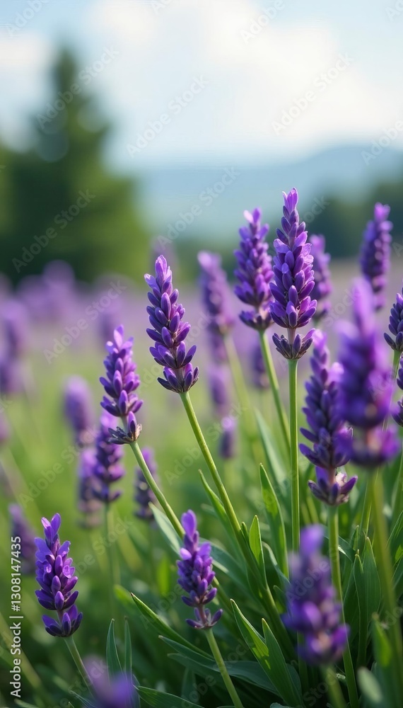 Vibrant purple lavender flowers blooming in a lush field, meadow, serene Vibrant purple lavender flowers blooming in a lush field, meadow, serene