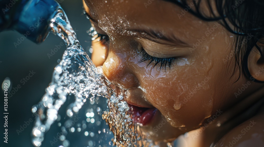Fototapeta premium A close-up of a child tilting their head to drink directly from a water tap, with droplets splashing around. The scene captures a sense of innocence and thirst-quenching freshness.