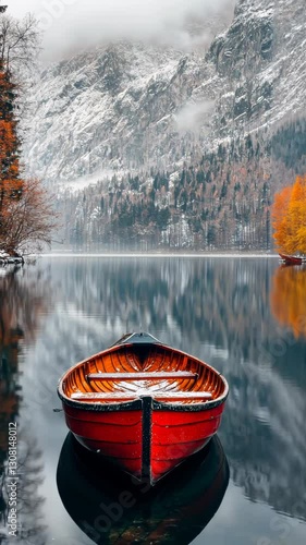 A vibrant red boat floats serenely on a calm lake surrounded by autumn foliage and mountains
