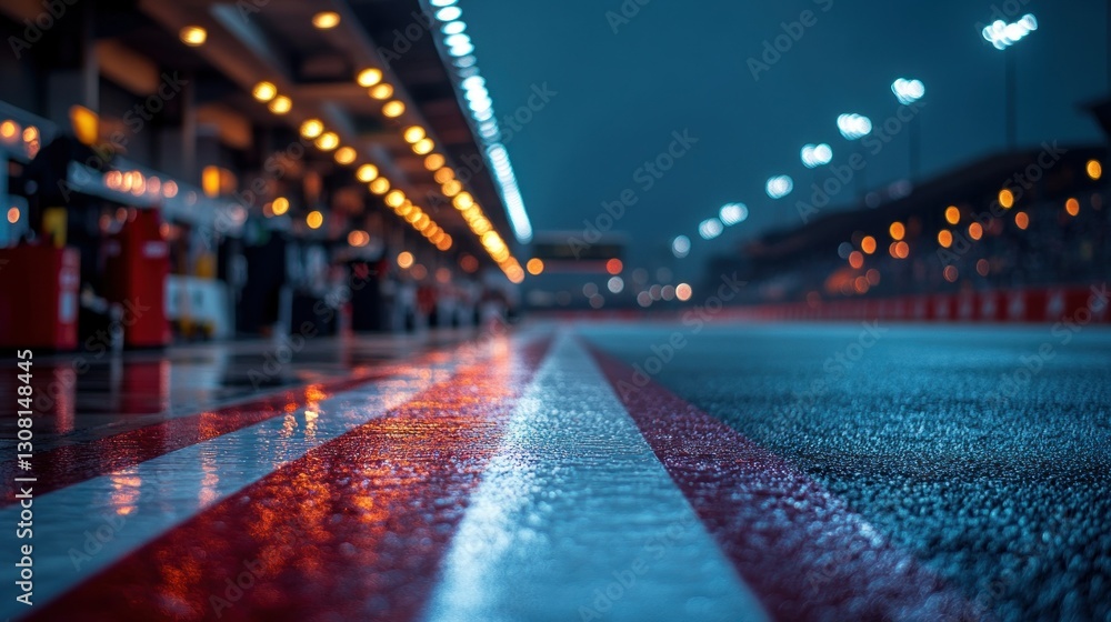 Wet racetrack pit lane at night with blurred background lights Wet racetrack pit lane at night with blurred background lights