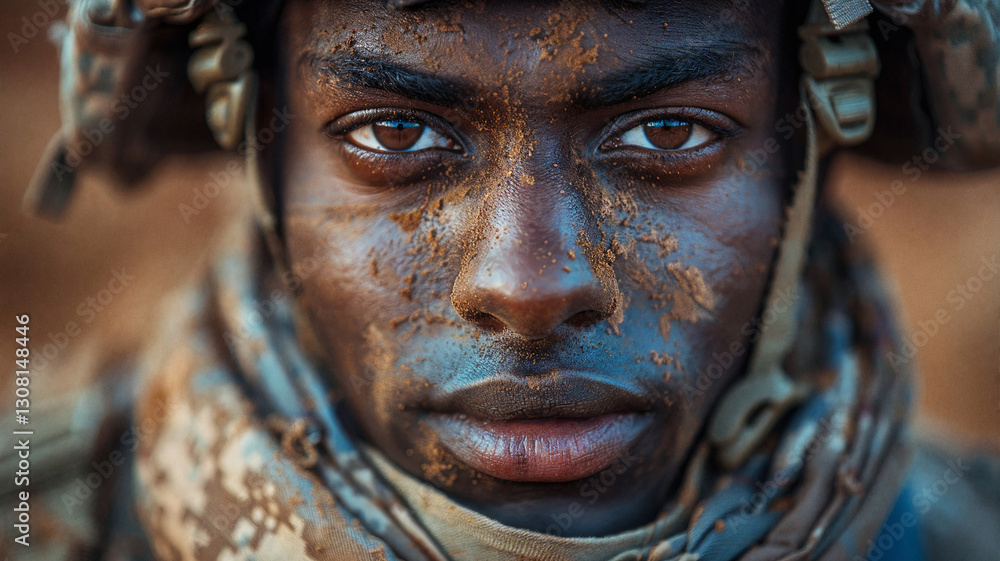 Close-up of a determined soldier with dark skin, wearing a camouflage helmet and scarf, his face covered in dirt. His intense gaze reflects resilience and strength in a battlefield environment Close-up of a determined soldier with dark skin, wearing a camouflage helmet and scarf, his face covered in dirt. His intense gaze reflects resilience and strength in a battlefield environment