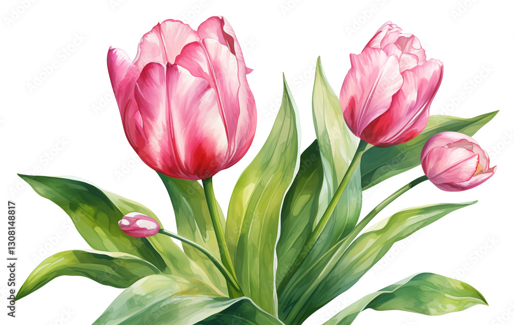 custom made wallpaper toronto digitalWatercolor pink tulip flower illustration with a single bloom and vibrant green leaves