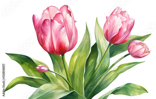 Wallpaper Mural Watercolor pink tulip flower illustration with a single bloom and vibrant green leaves Torontodigital.ca