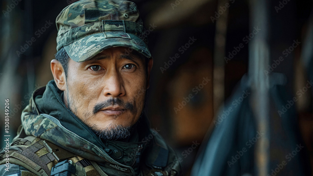 Experienced soldier with a calm yet intense gaze, wearing camouflage and tactical gear. His weathered face and strong presence reflect discipline, leadership, and resilience in a military setting Experienced soldier with a calm yet intense gaze, wearing camouflage and tactical gear. His weathered face and strong presence reflect discipline, leadership, and resilience in a military setting