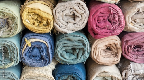 Colorful rolled fabrics neatly stacked in a textile shop showcasing various textures and hues photo