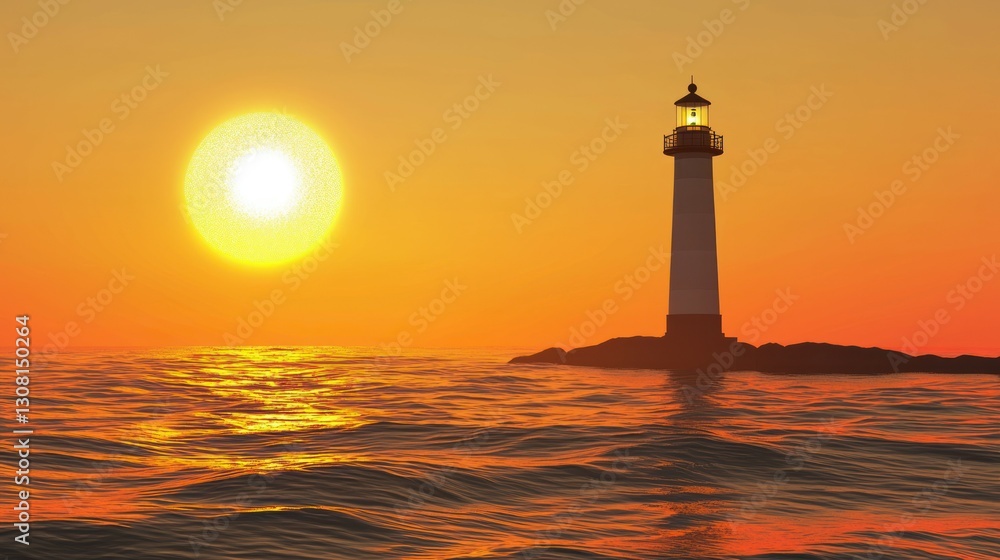 A lighthouse standing tall on the shore, framed by the warm hues of a sea sunset A lighthouse standing tall on the shore, framed by the warm hues of a sea sunset