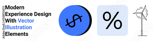 Dollar sign in blue circle, percentage symbol on square background, windmill outline. Ideal for finance, investment, sustainability, renewable energy, data analytics, eco trends flat landing page