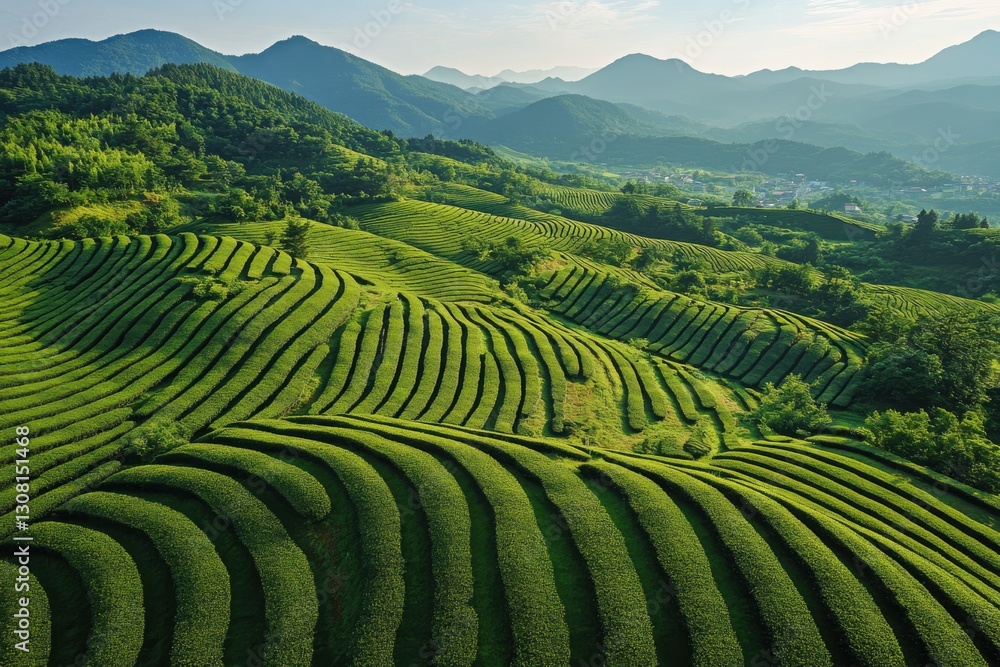 Lush Green Tea Terraces with Mountain Range in the Background Lush Green Tea Terraces with Mountain Range in the Background