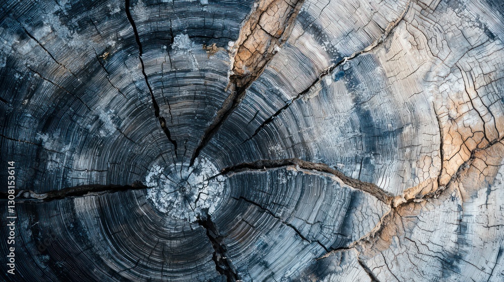 Fototapeta premium A macro view of tree rings with cracks and textures, showing age and growth patterns.