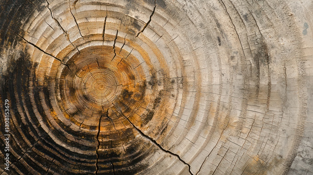 Naklejka premium A macro view of tree rings with cracks and textures, showing age and growth patterns.
