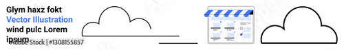 Two cloud icons, one on each side, connected by a line with a multimedia application symbol in between. Ideal for cloud storage, data management, multimedia organization, digital content, networking