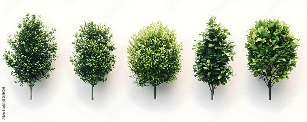 Fototapeta premium Five saplings, growth stages, white background, landscaping