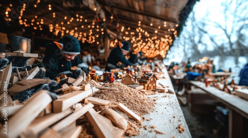 Christmas Market Craftsmen Making Wooden Toys  Festive Lights