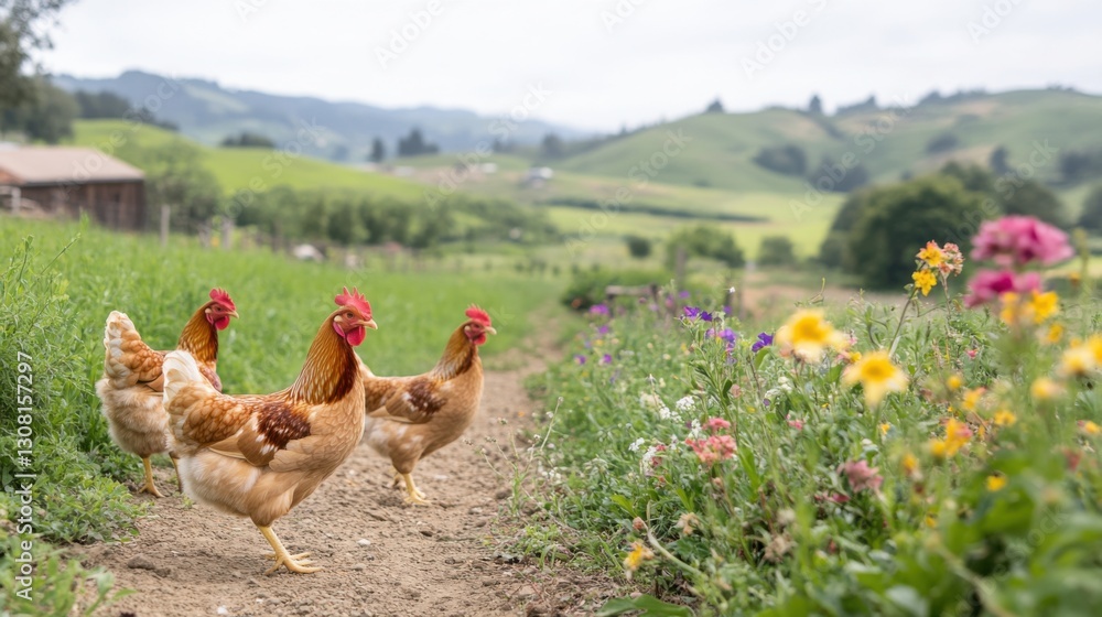 Fototapeta premium Three hens stroll along a dirt path amidst wildflowers, with rolling green hills in the background.