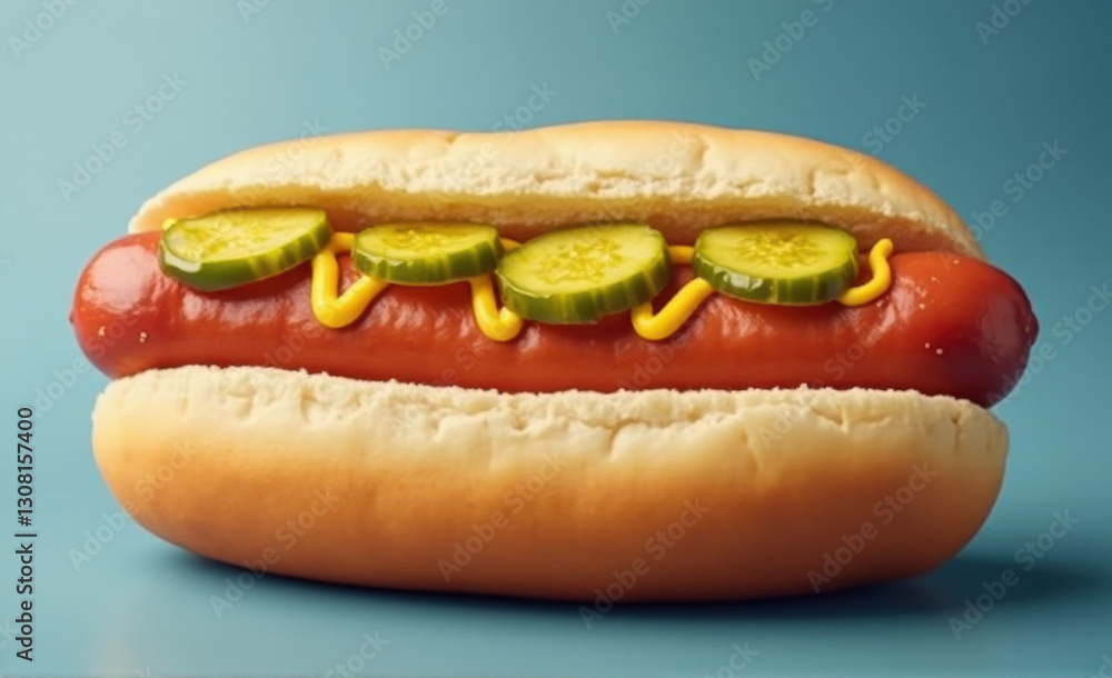 hot dog with mustard and pickles isolated on bluish background hot dog with mustard and pickles isolated on bluish background