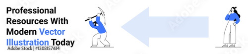 Worker with pickaxe striking ground, observer in contemplation, large arrow connecting two actions. Ideal for teamwork, business growth, guidance, strategy, decision-making, progress flat landing