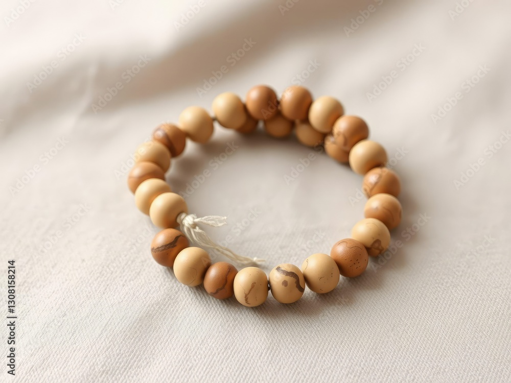 Obraz premium Handmade wooden bead bracelet on a soft surface, minimalist design, white background, wood beads